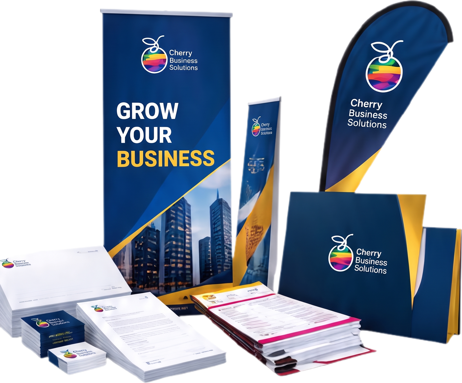 Printed pull-up banners, flags, stationery and folders